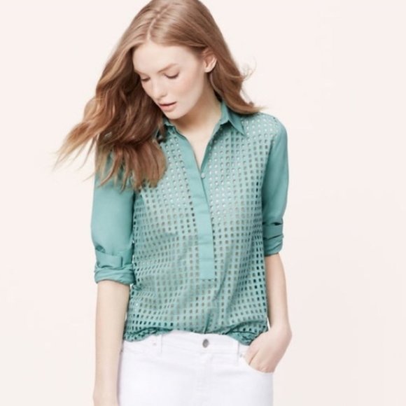 LOFT Tops - Loft • Turquoise Geo Eyelet The Softened Shirt